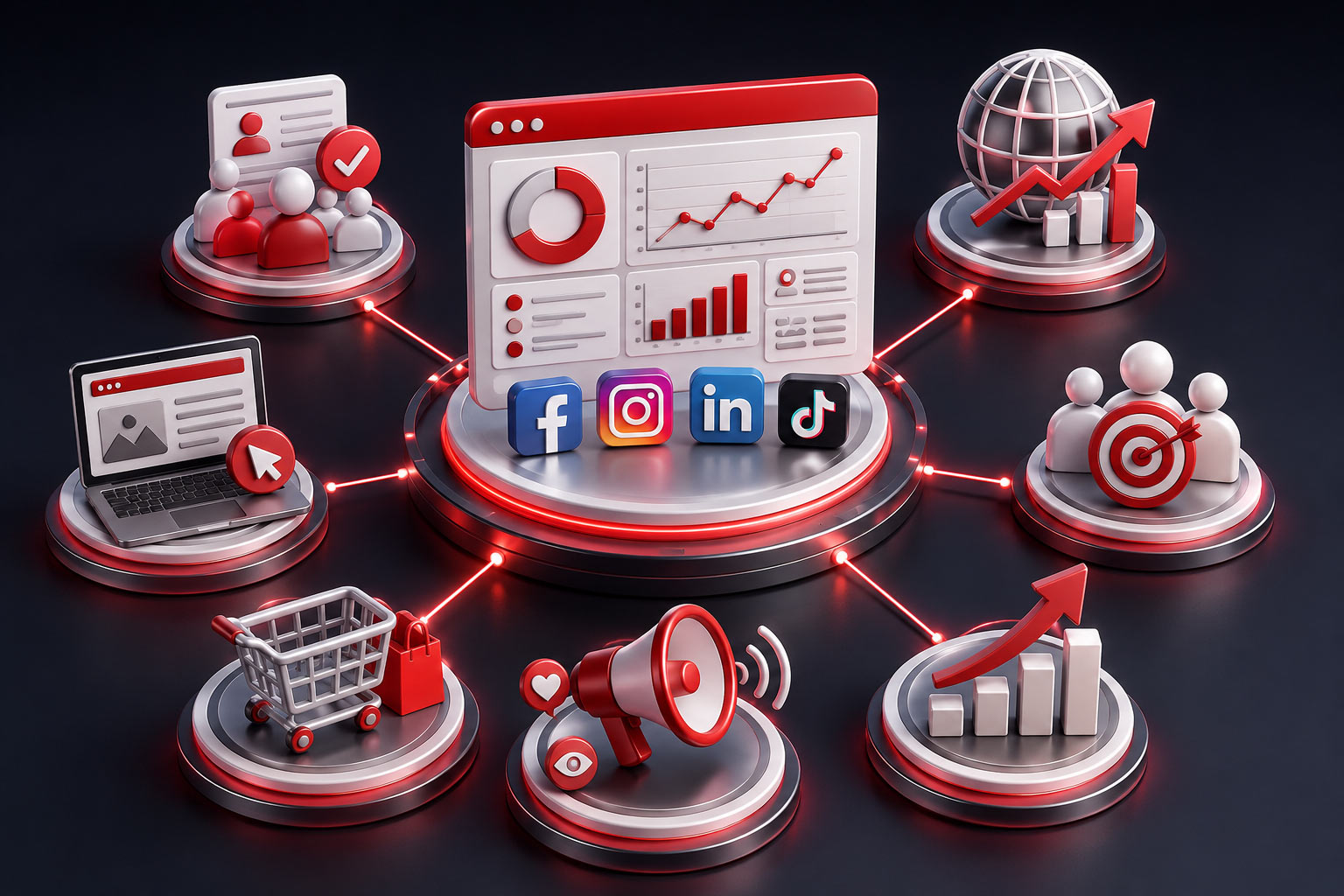 Futuristic digital marketing dashboard imagery