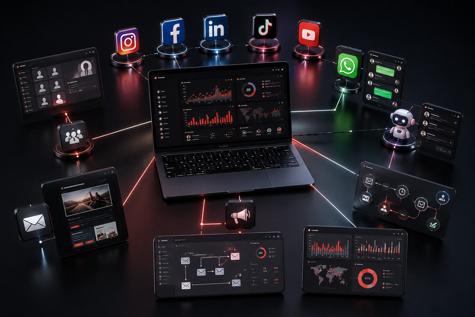 Futuristic marketing dashboard with glowing icons